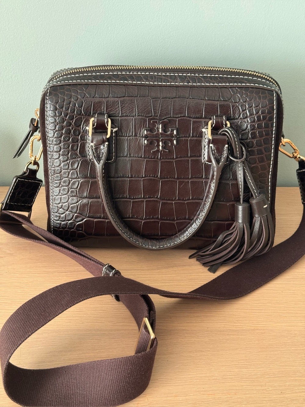 Tory Burch Dark Mahogany Thea Crocodile Embossed Web Small Satchel